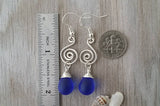 Made in Hawaii, Wire wrapped lantern cobalt blue sea glass earrings,    , gift box.beach jewelry