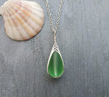 Hawaiian Jewelry Sea Glass Necklace, Braided Peridot Necklace Green Necklace Teardrop Necklace, Sea Glass Jewelry (August Birthstone Gift)