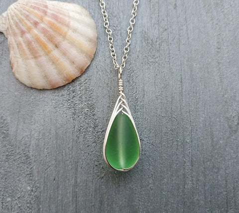Hawaiian Jewelry Sea Glass Necklace, Braided Peridot Necklace Green Necklace Teardrop Necklace, Sea Glass Jewelry (August Birthstone Gift)