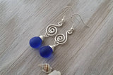Made in Hawaii, Wire wrapped lantern cobalt blue sea glass earrings,    , gift box.beach jewelry