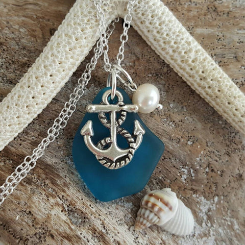 Hawaiian Jewelry Sea Glass Necklace, Teal Handmade Necklace Pearl Anchor Necklace, Beach Jewelry For Girls Sea Glass Jewelry For Women