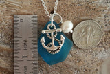 Hawaiian Jewelry Sea Glass Necklace, Teal Handmade Necklace Pearl Anchor Necklace, Beach Jewelry For Girls Sea Glass Jewelry For Women