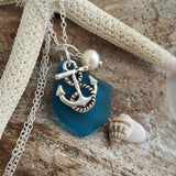 Hawaiian Jewelry Sea Glass Necklace, Teal Handmade Necklace Pearl Anchor Necklace, Beach Jewelry For Girls Sea Glass Jewelry For Women