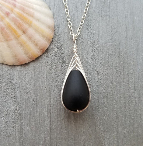 Hawaiian Jewelry Sea Glass Necklace, Braided Black Necklace Teardrop Necklace, Sea Glass Jewelry For Women, Unique Necklace Beach Jewelry