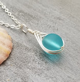 Hawaiian Jewelry Sea Glass Necklace, Braided Small Round Turquoise Necklace Blue Necklace, Sea Glass Jewelry For Women (December Birthstone)
