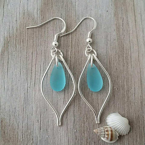 Made in Hawaii, Wire loop Turquoise Bay blue sea glass earrings,    Beach jewelry gift.