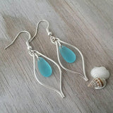 Made in Hawaii, Wire loop Turquoise Bay blue sea glass earrings,    Beach jewelry gift.
