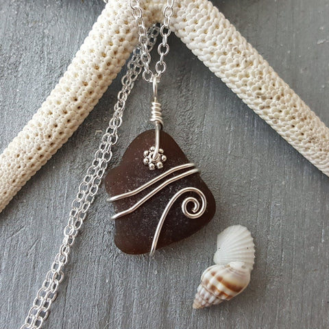 Handmade in Hawaii, Genuine surf tumbled natural dark smoky sea  glass.Beach glass necklace. wire wrapped sea glass necklace jewelry.