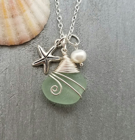 Hawaiian Jewelry Natural Sea Glass Necklace, Wire Wrapped Necklace, Pearl Starfish Necklace, Genuine Surf Tumbled Beach Sea Glass Jewelry