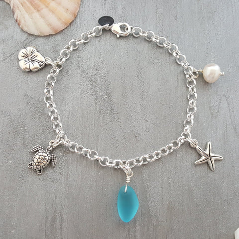 Handmade in Hawaii, Multiple charms blue sea glass chain bracelet, Natural pearl, Hawaiian jewelry