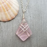 Hawaiian Jewelry Sea Glass Necklace, Wire Cross Necklace Pink Necklace, Unique Sea Glass Jewelry Birthday Gift (October Birthstone Jewelry)