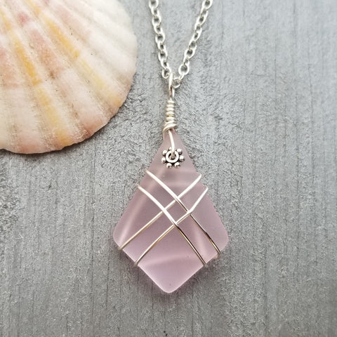 Hawaiian Jewelry Sea Glass Necklace, Wire Cross Necklace Pink Necklace, Unique Sea Glass Jewelry Birthday Gift (October Birthstone Jewelry)