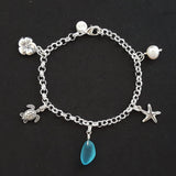 Handmade in Hawaii, Multiple charms blue sea glass chain bracelet, Natural pearl, Hawaiian jewelry