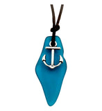 Hawaiian Jewelry Sea Glass Necklace, Unique Teal Ocean Necklace Leather Cord Necklace, Unisex Beach Sea Glass Jewelry Anchor Necklace