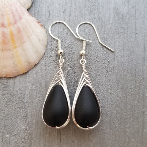 Made in Hawaii, Wire braid black sea glass earrings, Beach jewelry, gift message, gift wrapped