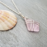 Hawaiian Jewelry Sea Glass Necklace, Wire Cross Necklace Pink Necklace, Unique Sea Glass Jewelry Birthday Gift (October Birthstone Jewelry)