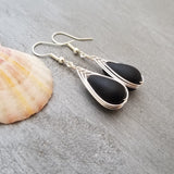 Made in Hawaii, Wire braid black sea glass earrings, Beach jewelry, gift message, gift wrapped