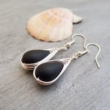 Made in Hawaii, Wire braid black sea glass earrings, Beach jewelry, gift message, gift wrapped