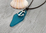 Hawaiian Jewelry Sea Glass Necklace, Unique Teal Ocean Necklace Leather Cord Necklace, Unisex Beach Sea Glass Jewelry Anchor Necklace
