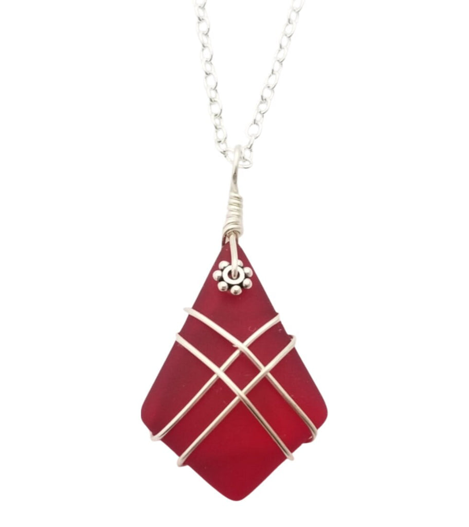 Hawaiian Jewelry Sea Glass Necklace, Wire Cross Necklace, Ruby