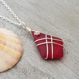 Hawaiian Jewelry Sea Glass Necklace, Wire Cross Necklace, Ruby Necklace Red Necklace, Beach Jewelry, Birthday Gift (July Birthstone Jewelry)
