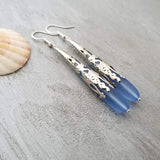 Hawaiian Jewelry Sea Glass Earrings, Light Cobalt Blue Earrings Long Teardrop Earrings, Sea Glass Jewelry (September Birthstone Gifts)