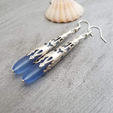 Hawaiian Jewelry Sea Glass Earrings, Light Cobalt Blue Earrings Long Teardrop Earrings, Sea Glass Jewelry (September Birthstone Gifts)