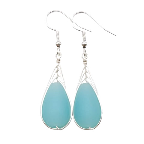 Hawaiian Jewelry Sea Glass Earrings, Braide Haze Aqua Earrings Teardrop Earrings, Sea Glass Jewelry (March Birthstone Gift)