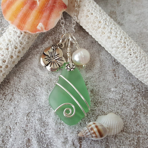 Hawaiian Jewelry Sea Glass Necklace, Wire Peridot Necklace Green Necklace, Hibiscus Pearl Necklace, Beach Jewelry (August Birthstone Gift)