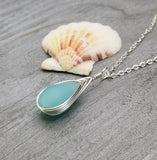 Hawaiian Jewelry Sea Glass Necklace, Braided Haze Aqua Necklace Teardrop Necklace, Sea Glass Jewelry (March Birthstone Gift)