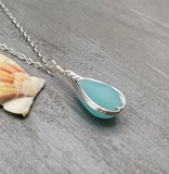 Hawaiian Jewelry Sea Glass Necklace, Braided Haze Aqua Necklace Teardrop Necklace, Sea Glass Jewelry (March Birthstone Gift)