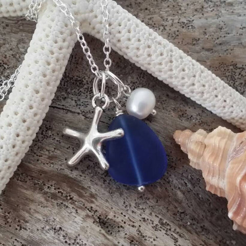 Handmade in Hawaii, Cobalt blue  sea glass beach glass necklace,Sea starfish charm, Fresh water pearl,  , gift box