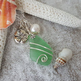 Hawaiian Jewelry Sea Glass Necklace, Wire Peridot Necklace Green Necklace, Hibiscus Pearl Necklace, Beach Jewelry (August Birthstone Gift)