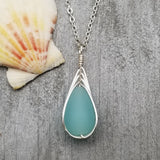 Hawaiian Jewelry Sea Glass Necklace, Braided Haze Aqua Necklace Teardrop Necklace, Sea Glass Jewelry (March Birthstone Gift)