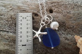 Handmade in Hawaii, Cobalt blue  sea glass beach glass necklace,Sea starfish charm, Fresh water pearl,  , gift box