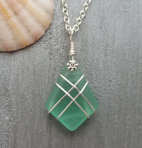 Hawaiian Jewelry Sea Glass Necklace, Wire Cross Necklace Aquamarine Necklace, Sea Glass Jewelry Fun Beach Jewelry (March Birthstone Jewelry)