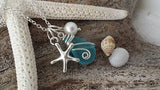 Handmade in Hawaii, Wire wrapped blue  sea glass necklace, Starfish charm, Fresh water pearl, . Beach jewelry gift.