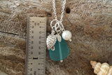 Handmade in Hawaii, Blue blue sea glass beach glass necklace,Sea turtle charm, Fresh water pearl, Beach jewelry.