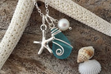 Handmade in Hawaii, Wire wrapped blue  sea glass necklace, Starfish charm, Fresh water pearl, . Beach jewelry gift.