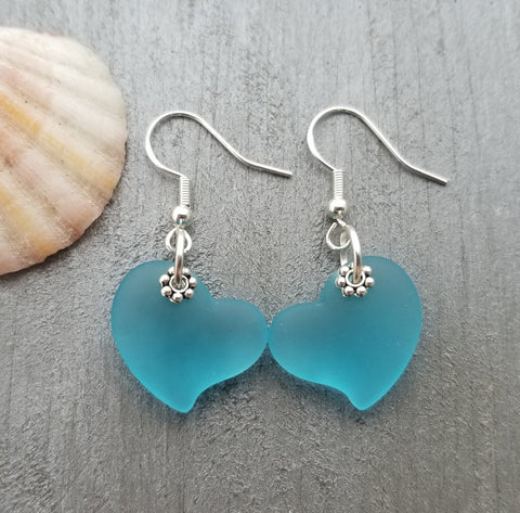 Handmade in Hawaii,  Turquoise Bay Blue "Twin Hearts"  "Heart of the Sea" sea glass earrings, "December Birthstone",