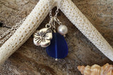 Handmade in Hawaii, Cobalt blue  sea glass beach glass necklace,  Hibiscus charm, Fresh  water pearl