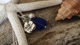 Handmade in Hawaii, Cobalt blue  sea glass beach glass necklace,  Hibiscus charm, Fresh  water pearl