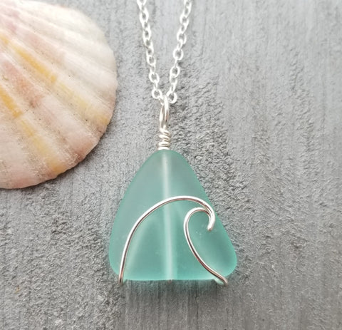 Hawaiian Jewelry Sea Glass Necklace, Wire Wave Aquamarine Necklace, Sea Glass Jewelry For Women, Beach Jewelry, (March Birthstone Jewelry)