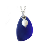 Hawaiian Jewelry Sea Glass Necklace, Cobalt Blue Necklace Pearl Necklace, Sea Glass Jewelry Birthday Gift For Women (September Birthstone)