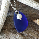 Hawaiian Jewelry Sea Glass Necklace, Cobalt Blue Necklace Pearl Necklace, Sea Glass Jewelry Birthday Gift For Women (September Birthstone)