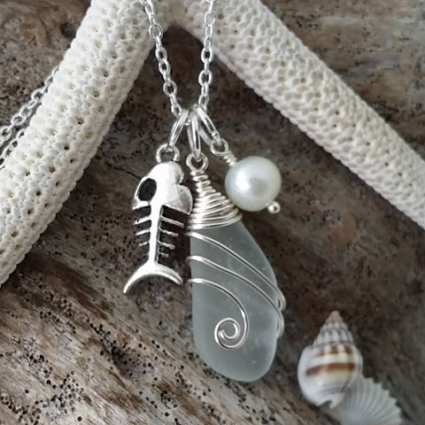 Made in Hawaii, Wire wrapped  Genuine surf tumbled natural sea glass. Fish bone charm, Fresh water pearl, Sea glass jewelry,Beach jewelry.