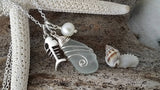 Made in Hawaii, Wire wrapped  Genuine surf tumbled natural sea glass. Fish bone charm, Fresh water pearl, Sea glass jewelry,Beach jewelry.