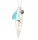 Hawaii Center Sliced Natural Terebra Turritella Shell Necklace with Blue Sea Glass, Starfish Charm, Natural Purple Pearl, FREE Gift Wrap