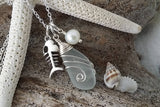 Made in Hawaii, Wire wrapped  Genuine surf tumbled natural sea glass. Fish bone charm, Fresh water pearl, Sea glass jewelry,Beach jewelry.