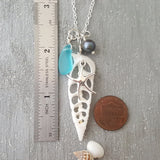 Hawaii Center Sliced Natural Terebra Turritella Shell Necklace with Blue Sea Glass, Starfish Charm, Natural Purple Pearl, FREE Gift Wrap